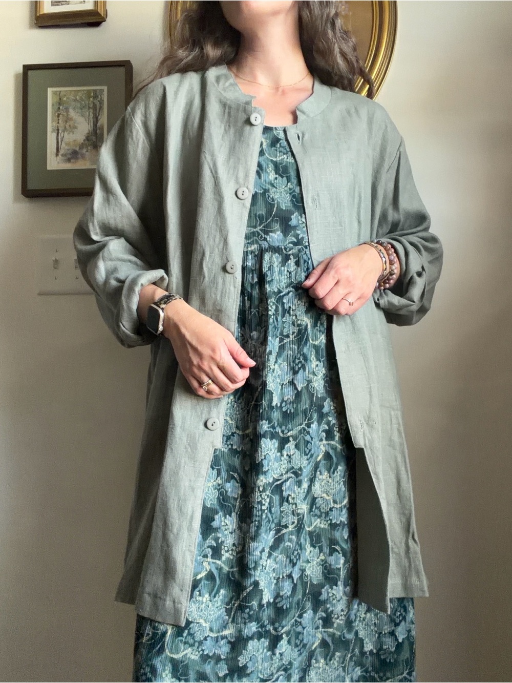 Vintage Silhouette Sage Green Linen Button-Front Top